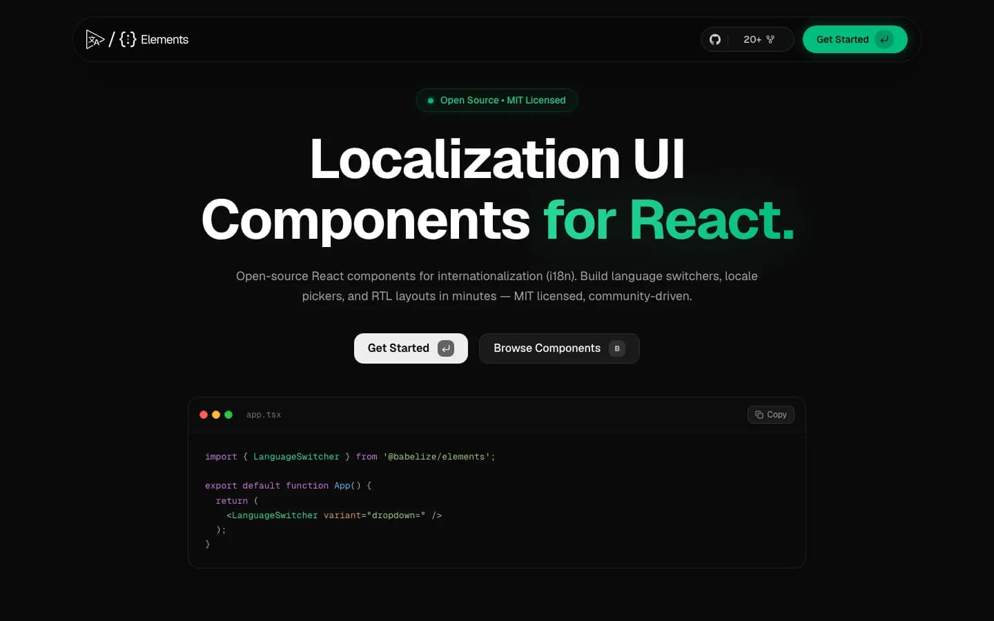 Babelize Elements website on desktop